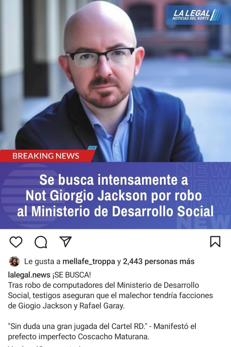 Se busca
Wanted
Como dice Bombo Fica "Sospechosa la Wea...."
Esta historia continuará....

Que se vaya <a href="/GiorgioJackson/">Giorgio Jackson</a> ya 
No da para más, perjudica al gobierno.
Su capital político hace rato se agotó