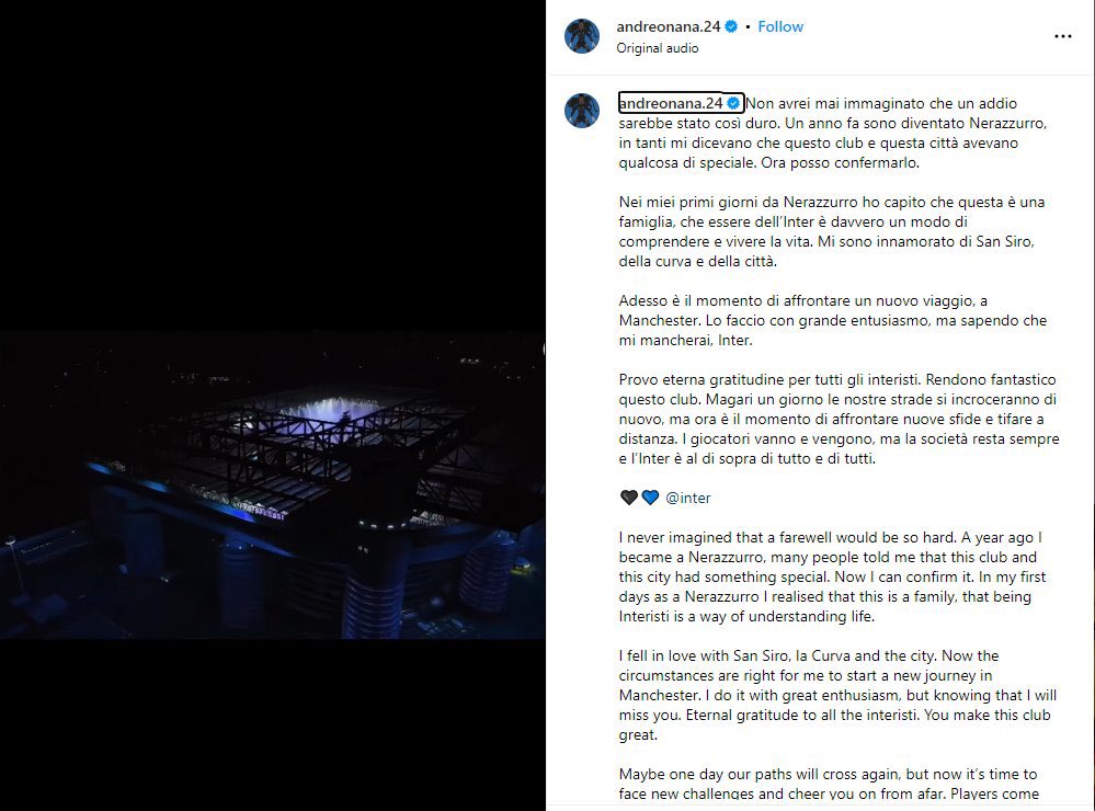FabrizioRomano's tweet photo. André Onana says goodbye to Inter fans and finally announces his move to Man United. 🔴✨ #MUFC https://t.co/ecUPNt2eTY
