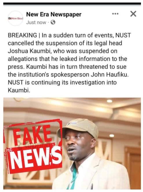 The University would like to inform all its publics that this headline by the New Era newspaper contains false information regarding NUST. 

The NUST Chief Legal Officer, Mr Joshua Kaumbi's suspension hasn't been cancelled.