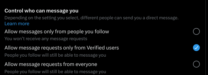 New settings on this platform, by default it switched to only allow messages from verified users. This sucks if you want people to reach out to you. Also sucks if you want to reach out to people who haven't seen this change.