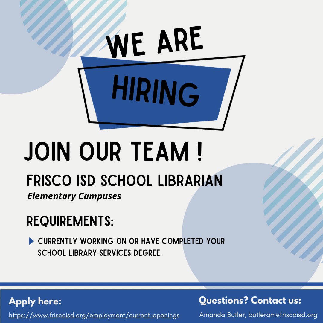 Amanda Butler (@_amandabutler) on Twitter photo We’re HIRING!! 📚🥳 We have one spot left on our team! friscoisd.org/employment/cur… <a href="/FISD_Libraries/">Frisco ISD Libraries</a> <a href="/friscoisdHR/">FISD Human Resources</a> #librarian #schoollibrarian We’re HIRING!! 📚🥳 We have one spot left on our team! friscoisd.org/employment/cur… <a href="/FISD_Libraries/">Frisco ISD Libraries</a> <a href="/friscoisdHR/">FISD Human Resources</a> #librarian #schoollibrarian
