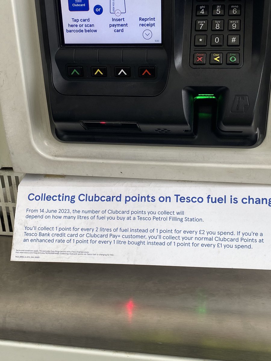 Tesco clubcard reduction in points since June 14th. I messaged via WhatsApp and Tesco said only get 2 points per litre if you use their credit card.  That is not what their advertising says on the pumps.   <a href="/Tesco/">Tesco</a> are misleading the public.    Thoughts?