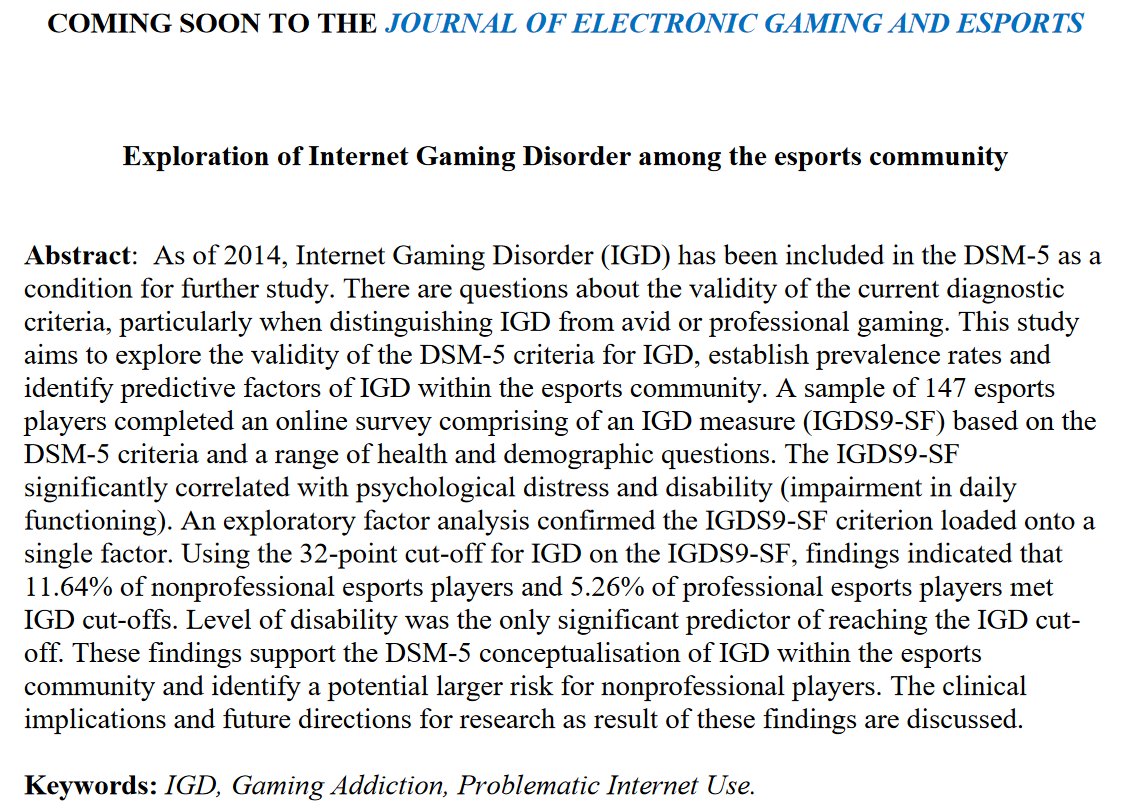 #ComingSoon to <a href="/egaming_esports/">Journal of Electronic Gaming and Esports</a> Congrats to Ryan Woolhouse and Bob Patton <a href="/Kavroom/">Bob Patton</a> on the acceptance of their manuscript "Exploration of Internet Gaming Disorder among the esports community" in the Journal of Electronic Gaming and Esports (JEGE).

<a href="/UoSPsychD/">Clinical Psychology at Surrey</a> #esports #igd #dsm5