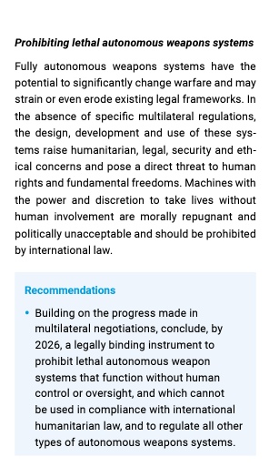 Peru_desarme's tweet photo. The @UN SG's New Agenda for Peace includes a strong recommendation on #autonomousweapon: "Building on the progress made in multilateral negotiations, conclude, by 2026, a legally binding instrument to prohibit #LAWS that function without human control..." https://t.co/2hEGa13Csk https://t.co/A0x6hrURow