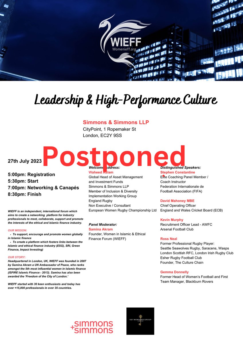 WIEFF (@ethicalforum) on Twitter photo Unfortunately, due to the travel disruption taking place in London on the 27th July 2023 we have decided to postpone our event: “Leadership & High-Performance Culture” at <a href="/SimmonsLLP/">Simmons & Simmons</a> with our elite sports professionals. The new date for the event is: 3rd October 2023 Unfortunately, due to the travel disruption taking place in London on the 27th July 2023 we have decided to postpone our event: “Leadership & High-Performance Culture” at <a href="/SimmonsLLP/">Simmons & Simmons</a> with our elite sports professionals. The new date for the event is: 3rd October 2023