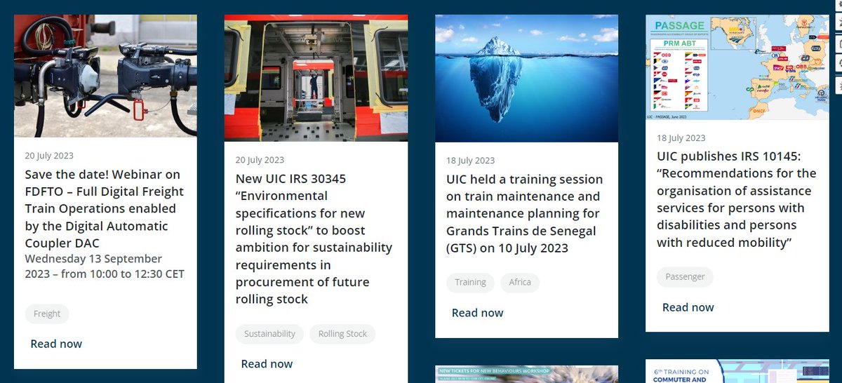 Please find the latest eNews articles on the Webinar on Full Digital Freight Train Operations enabled by the DAC, the new UIC IRS 30345 &amp; the training session on train maintenance &amp; maintenance planning for Grands Trains de Senegal (GTS) 
uic.org/com/enews/