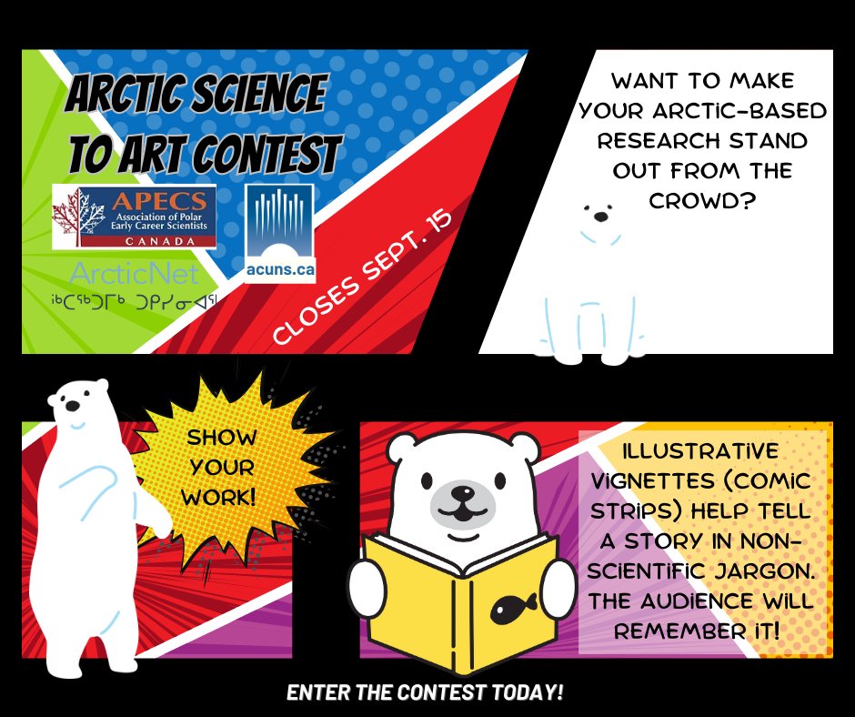 ACUNSAUCEN's tweet image. Students! ECRs! Maximize the impact of your #NorthernResearch!
Enter the Arctic Science to Art #KnowledgeMobilization contest! Your 100-word summary + a photo of your research could be transformed into an illustrative panel! Apply at APECS Canada @ehPECS: apecscanada.wixsite.com/ehpecs/about-5