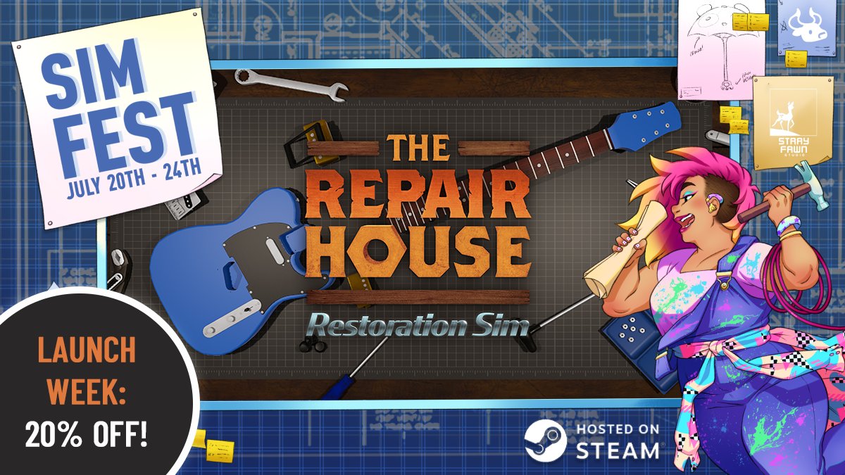 RepairHouseGame's tweet photo. We're excited to announce that we're part of #Simfest on Steam!  🔨

Starting from 6pm BST today till Monday July 24th – catch some of the latest &amp; greatest simulation games ⭐ (+ get 20% off The Repair House for launch week!) 

Check it out here: https://t.co/eEmevRjnTx https://t.co/eTnfNjZdFs