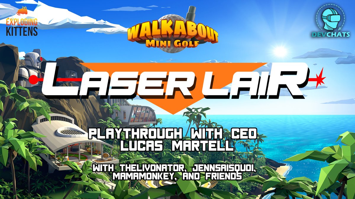 Jason Livon (TheLivonator) (@thelivonator) on Twitter photo Join us today at 2pm PDT as we play through the new <a href="/WalkaboutMG/">Walkabout Mini Golf</a> course Laser Lair with <a href="/Mighty_Coconut/">Mighty Coconut</a> CEO Lucas Martell!
Catch it here: youtube.com/@TheVRChatChan…
Can you outsmart the lasers and figure out the <a href="/gameofkittens/">Exploding Kittens</a> tricky puzzle? 😺⛳️
#VR #DEVChats #TheVRChatchannel Join us today at 2pm PDT as we play through the new <a href="/WalkaboutMG/">Walkabout Mini Golf</a> course Laser Lair with <a href="/Mighty_Coconut/">Mighty Coconut</a> CEO Lucas Martell!
Catch it here: youtube.com/@TheVRChatChan…
Can you outsmart the lasers and figure out the <a href="/gameofkittens/">Exploding Kittens</a> tricky puzzle? 😺⛳️
#VR #DEVChats #TheVRChatchannel