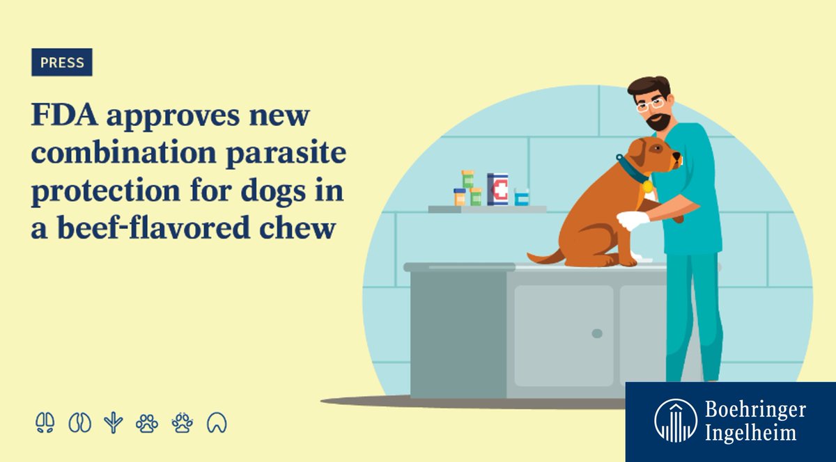 #PRESS: The <a href="/US_FDA/">U.S. FDA</a> approved a new combination parasite protection for dogs. The beef-flavored soft chew protects dogs from fleas, ticks, heartworm disease, roundworms and hookworms: go.boehringer.com/tgP1c