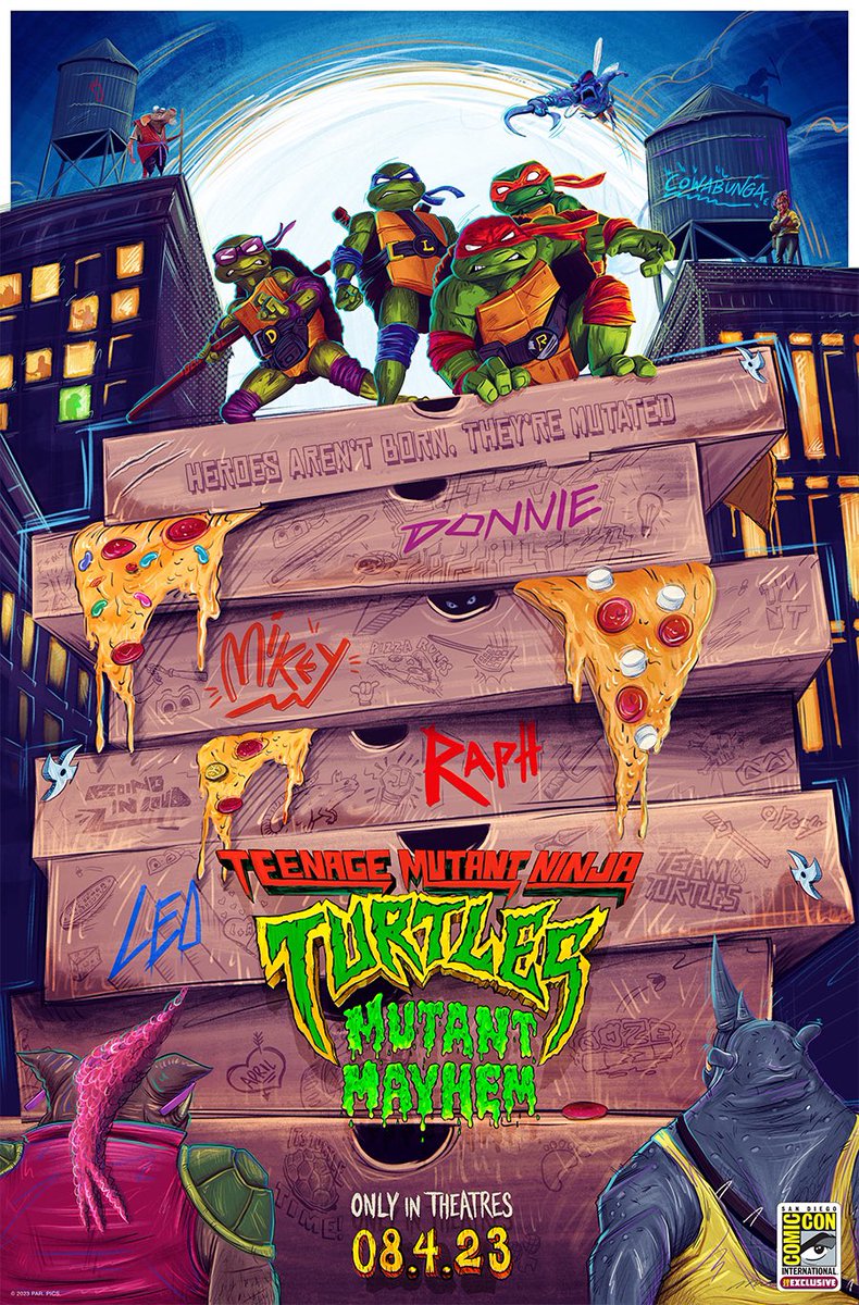 Super thrilled to share my official #teenagemutantninjaturtles #mutantmayhem poster with you all, can’t tell you how much fun this was to draw and all the little details I got to add to it, get it at the Hall H panel today at #SDCC ! 🐢 🍕