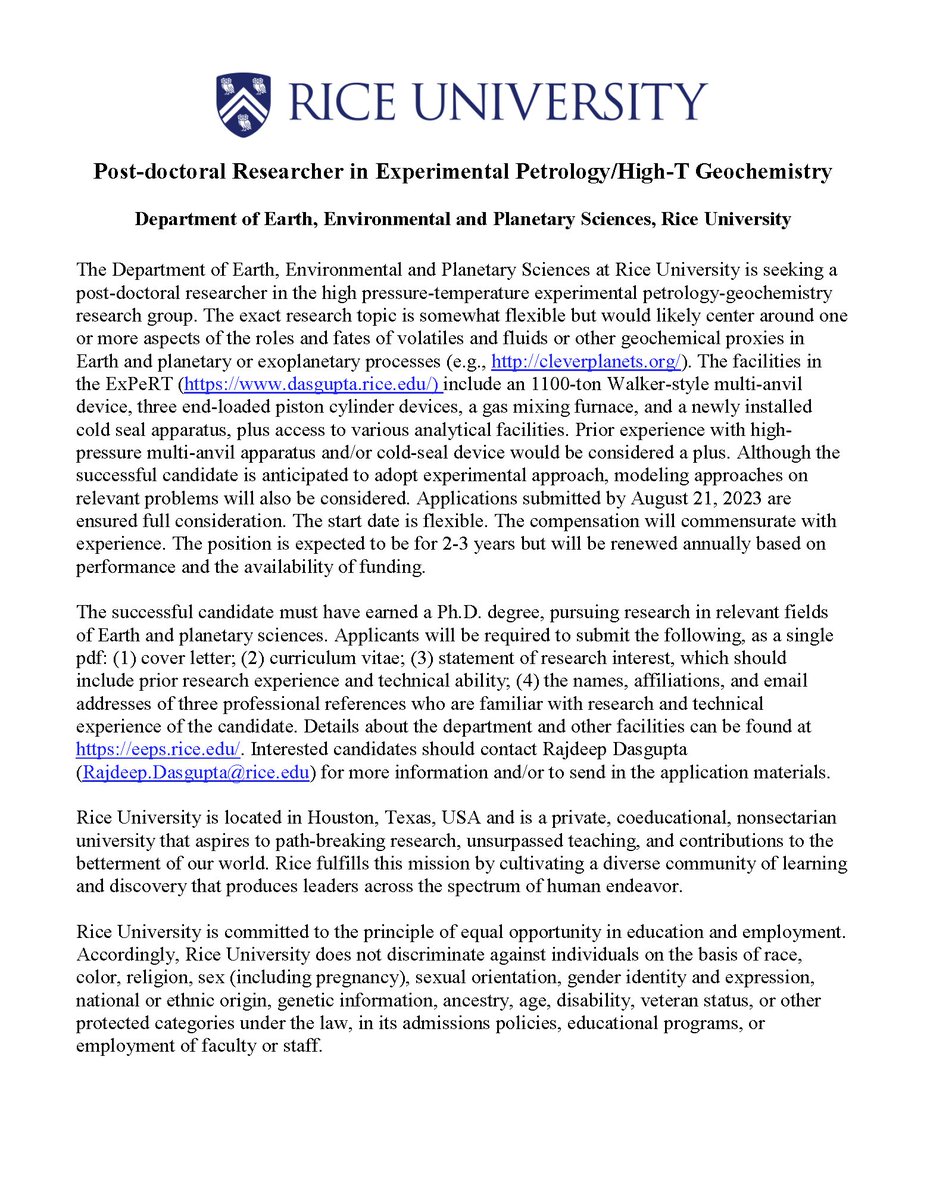 Rajdeep Dasgupta (@rdasgupta_earth) on Twitter photo 🚨New position alert: We are looking for a new post-doc researcher in experimental petrology/ high-T geochemistry <a href="/RiceEarthSci/">Rice Earth, Environmental and Planetary Sciences</a>. Please spread the word and draw attention to the relevant candidates. DM me if you want to discuss.🌋☄️🌕🪐🌍 🚨New position alert: We are looking for a new post-doc researcher in experimental petrology/ high-T geochemistry <a href="/RiceEarthSci/">Rice Earth, Environmental and Planetary Sciences</a>. Please spread the word and draw attention to the relevant candidates. DM me if you want to discuss.🌋☄️🌕🪐🌍