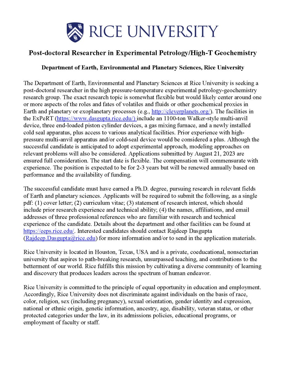 🚨New position alert: We are looking for a new post-doc researcher in experimental petrology/ high-T geochemistry @RiceEarthSci. Please spread the word and draw attention to the relevant candidates. DM me if you want to discuss.🌋☄️🌕🪐🌍