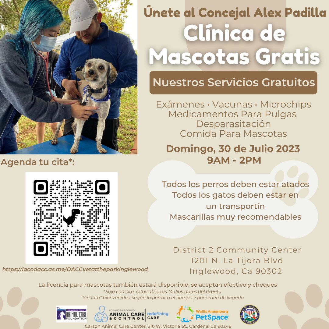 🗣️ Listen up Inglewood pet owners 🐱 🐶 An ounce of prevention is worth a pound of cure, so keep your pets healthy by joining DACC, @councilmanalexpadilla , and @annenbergpetspace for a Free Pet Wellness Clinic on Sunday, 7/30, from 9AM-2PM.