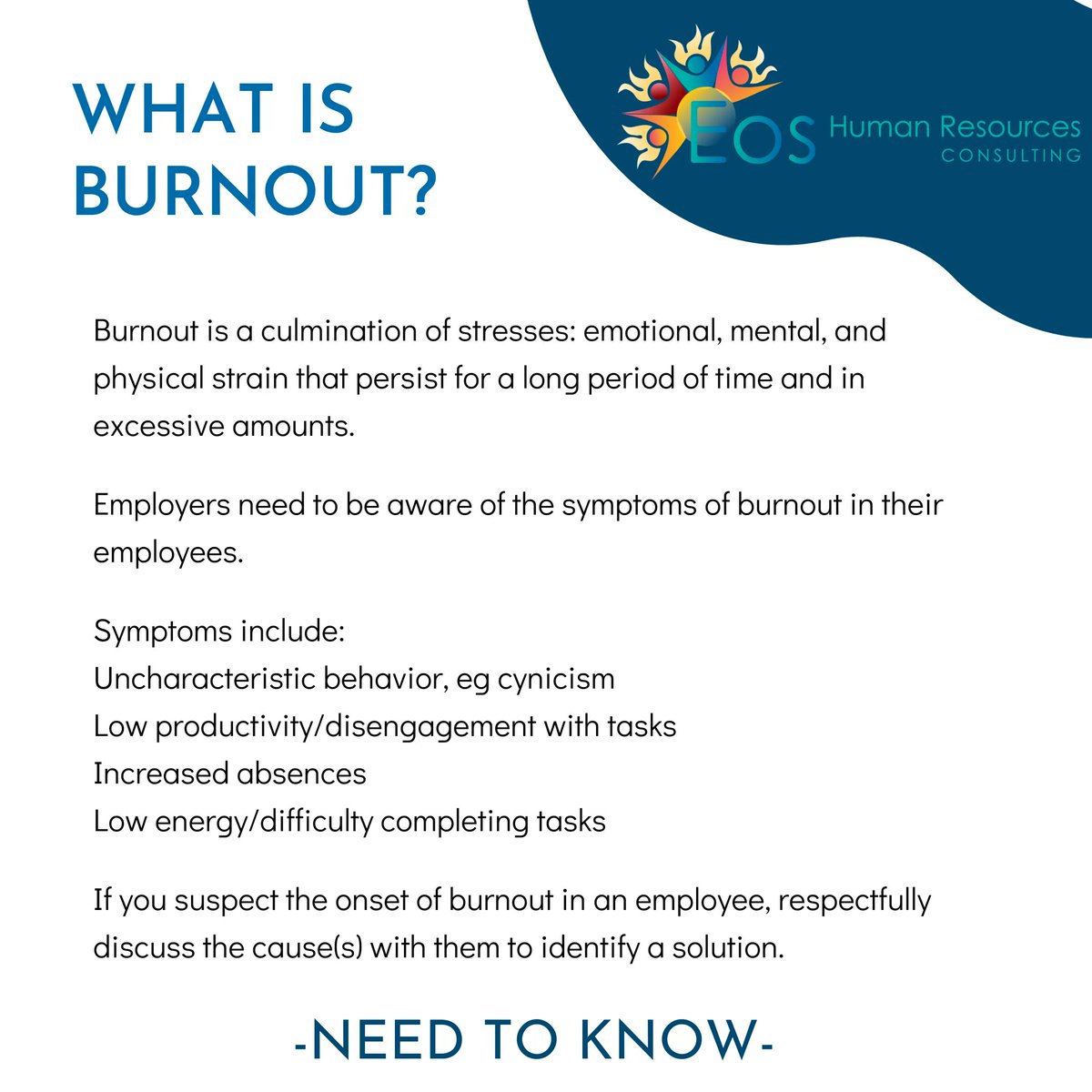 Eos_HR's tweet photo. By ensuring that the workplace (and workload) are reasonable and allow for work-life balance, employers can strengthen company culture, improve productivity and most importantly, avoid burnout in their employees. 

#hr #weareEOSHR #employeestress #employeeburinout #companyculture https://t.co/qBlv1NGiQD