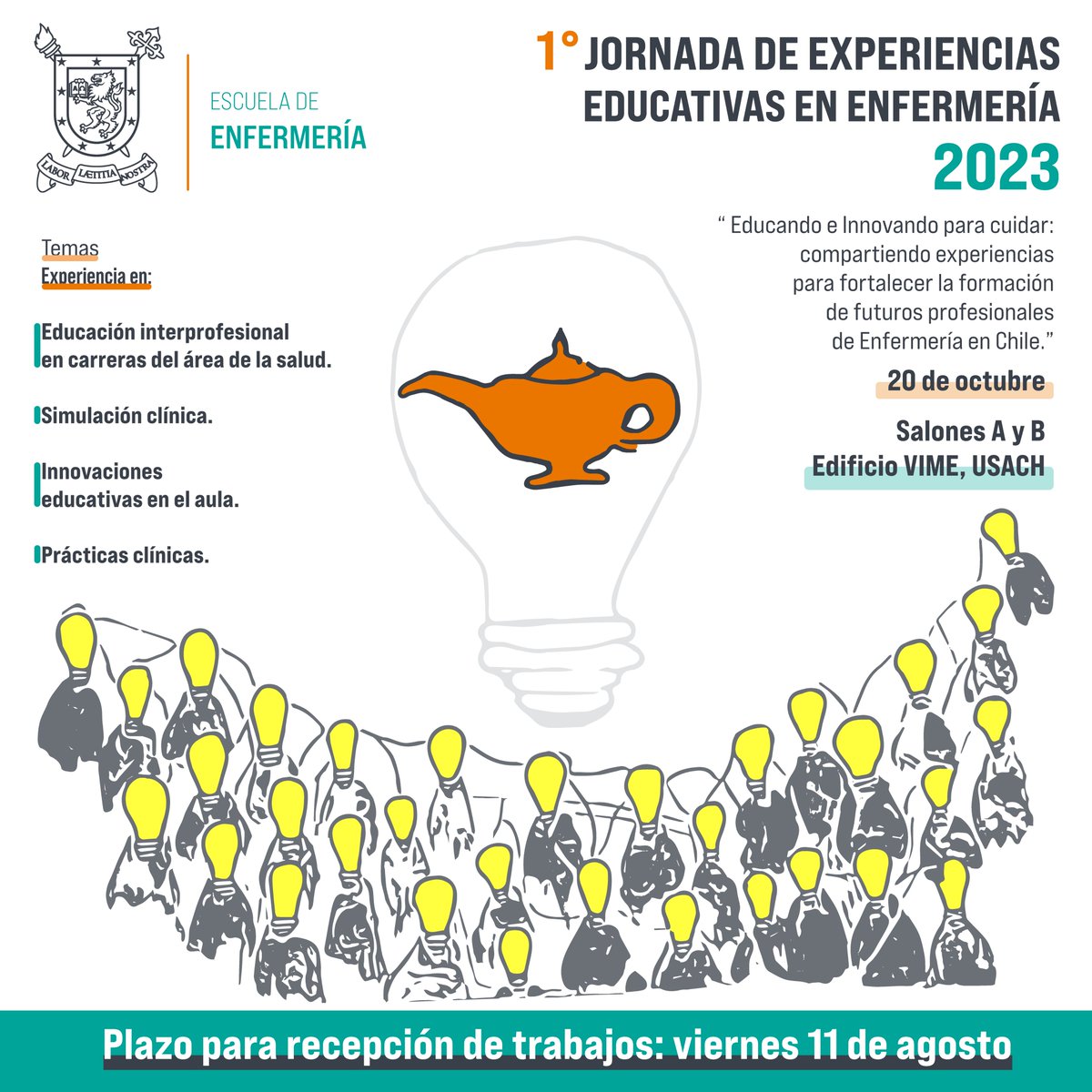 ACHIEEN1's tweet photo. La Escuela de Enfermería de la Universidad de Santiago de Chile (Usach) invita a ser parte de la Primera Jornada de Experiencias Educativas en Enfermería “Educando e innovando para cuidar.
Para más información: https://t.co/SqLFB9zdAo o jornadas.enfermeria@usach.cl https://t.co/wVQOCxH0kG