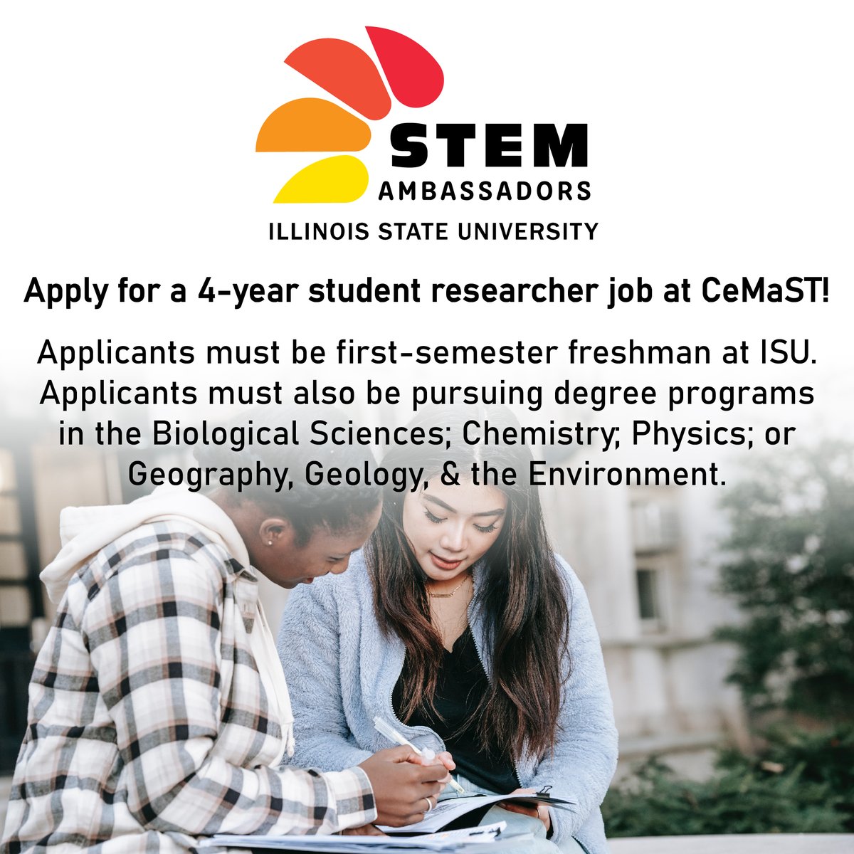 Do you know a brand new Redbird? CeMaST is hiring student researchers to collaborate on a Howard Hughes Medical Institute grant. Incoming freshmen in STEM majors are welcome to apply! cemast.illinoisstate.edu/students/colle…