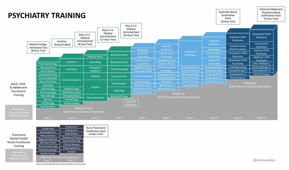 PsychicNeuron's tweet photo. @AlleyBno1 @APApsychiatric Why make this into a mid level debate unnecessarily?

There is no question that the experts in psychiatric medicine are MDs who have completed a psychiatry residency.

The difference in training is massive. https://t.co/XQNvsBYQ8Z