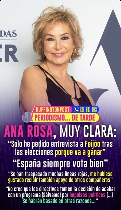 RafaelGLAF5's tweet photo. La confirmación oficial de la propia ARghhh: Ana Rosa Quintana no es periodista, es la propagandista política del PP de Feijóo #AR20J #DebateFinalRTVE #FeijóoCobarde #Fakejóo #FeijóoMentiroso #Adelante #EspañaAvanza #VotaPSOE #FeijóoElAmigoDelNarco #PactosDelOdio #AsíEsLaVida #Sálvame #NuestraEsLaVenganza #APOYOROCIO20J #CrisPorta20JL