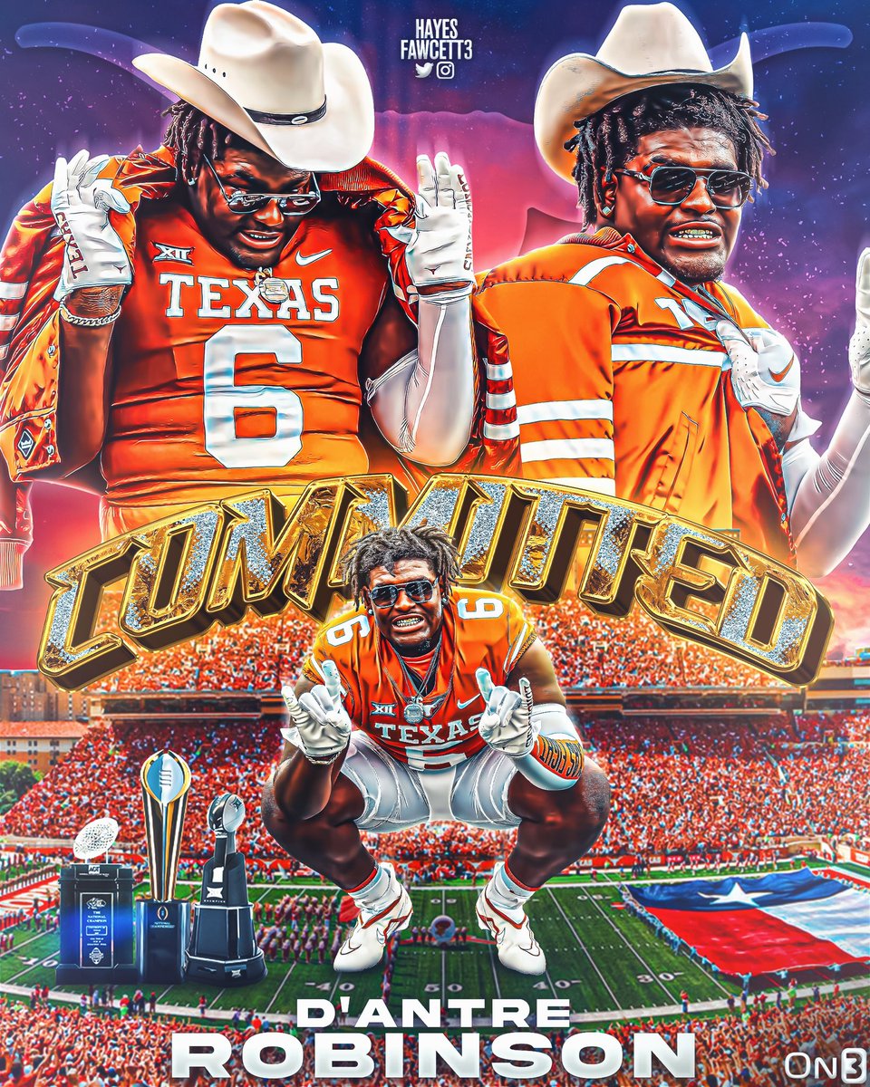 BREAKING: Four-Star DL D’antre Robinson tells me he has Committed to Texas!

The 6’4 305 DL from Orlando, FL chose the Longhorns over Florida, Alabama, Georgia, &amp; Ohio State

Holds a total of 62 Offers 🤯

“I am expected to come in early and play.”

on3.com/college/texas-…
