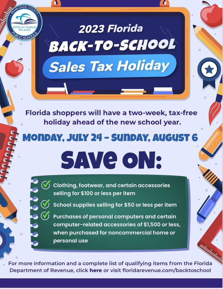 Florida’s Back-to-School Sales Tax Holiday will run from July 24th-August 6th. #GulfstreamES #MDCPSReady