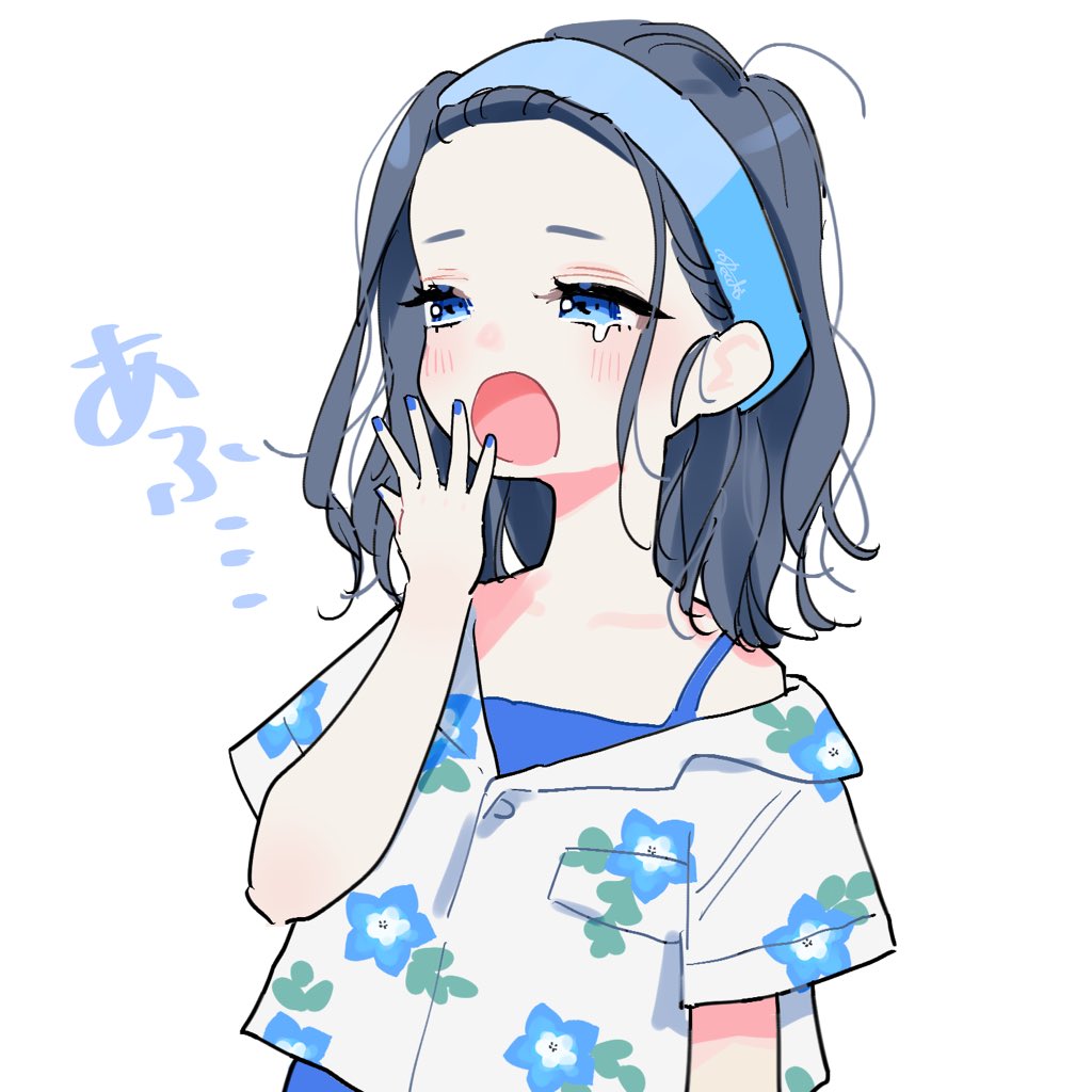 1girl solo blue eyes open mouth yawning white background shirt  illustration images