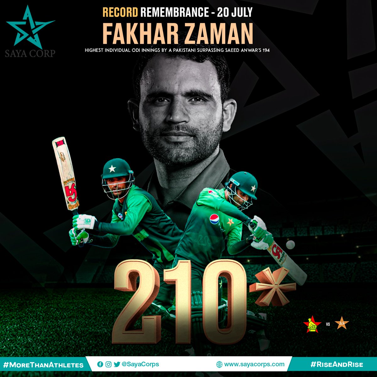#OnThisDay 2018, @FakharZamanLive brilliance lit up the glory. ✨ 🇵🇰's first Double Centurion in ODIs ✨ 5️⃣th highest individual score in ODI history. The #SayaCorporation opening batter struck a memorable 2️⃣1️⃣0️⃣* against 🇿🇼 to enter the records book. #MoreThanAthletes…