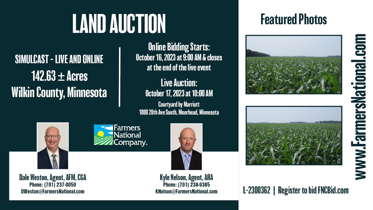 FarmersNational's tweet photo. Land Auction!
Simulcast - live and online! 142.63 acres in Wilkin County, Minnesota.

The property includes excellent Class II soils. Creek running through that aids in drainage. Productive Wolverton Township land!

🔗: https://t.co/kQK0JONrAc https://t.co/dcBWvOF4A7