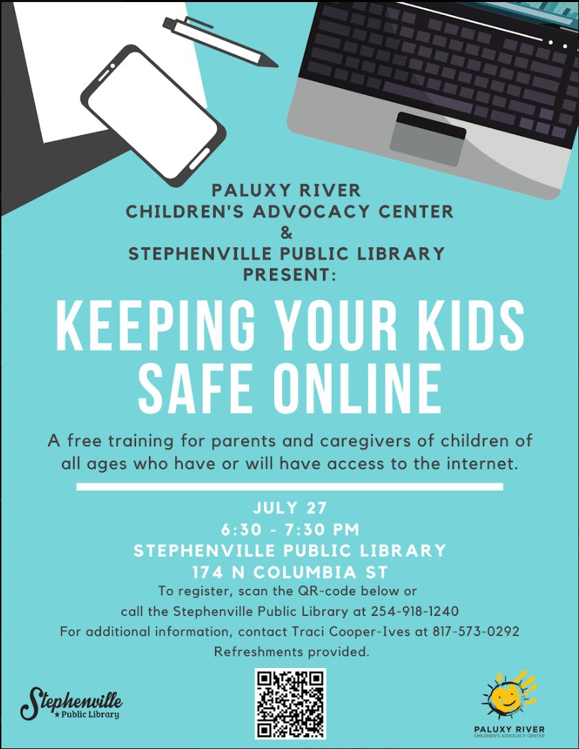 Keeping Your Kids Safe Online: A free training for Parents and Caregivers at the Stephenville Public Library, Thursday July 27th 6:30-7:30 PM.
Free to sign up: signupgenius.com/go/70A094CACAF…