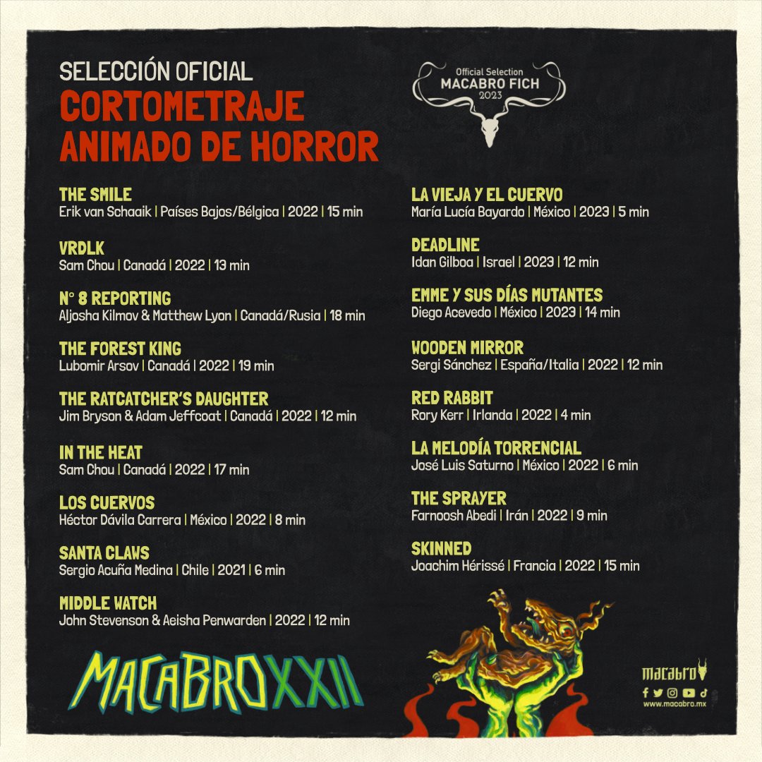 MacabroFICH's tweet photo. Presentamos la Selección Oficial de Cortometraje Animado de Horror de #MacabroXXII.

#CarnavalMacabro del 15 al 27 de agosto. https://t.co/VcZ6ORvEZG