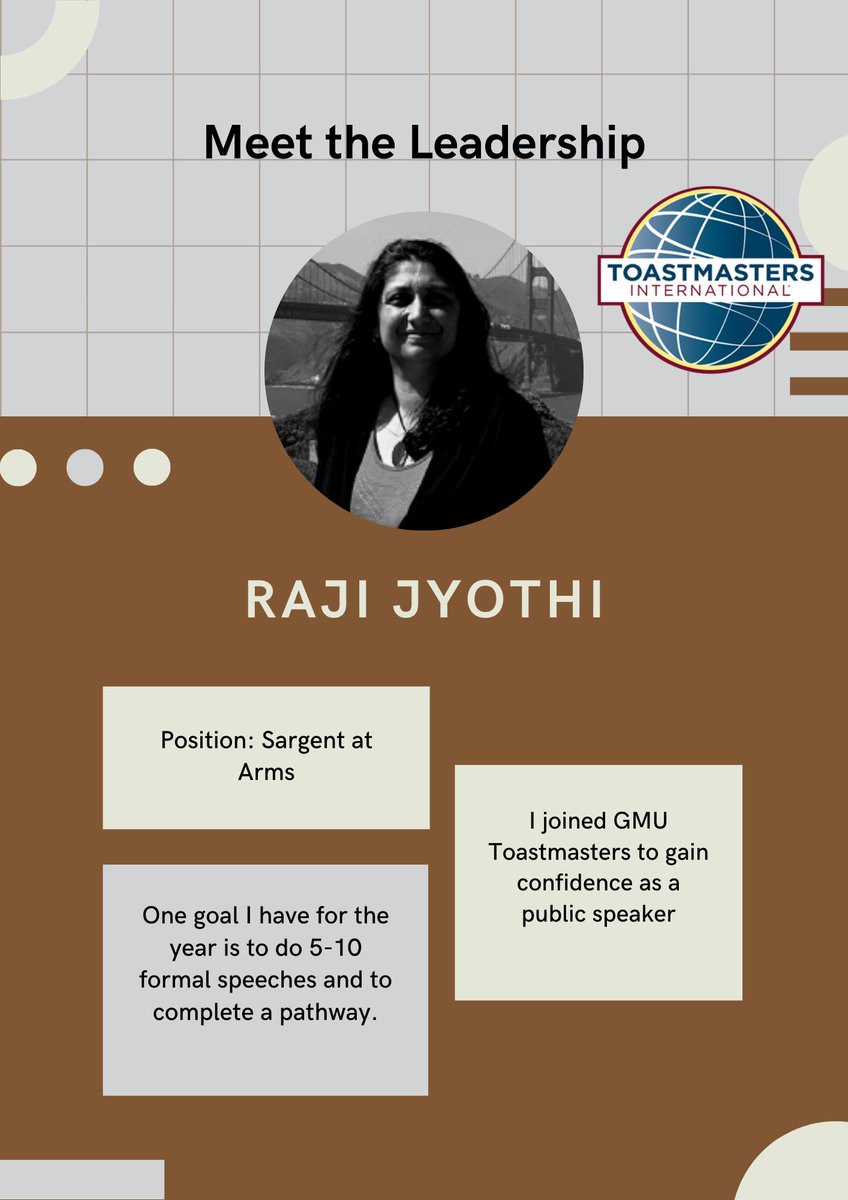 It’s almost Friday, <a href="/gmutoastmasters/">GMU Toastmasters</a>! Today we want to highlight, Raji Jyothi! She has been committed to our club for quite some time and is looking to do more speeches this year! Let’s root her on! Go Raji! #GMU #GMUToastmaster #GMU #TellYourStory