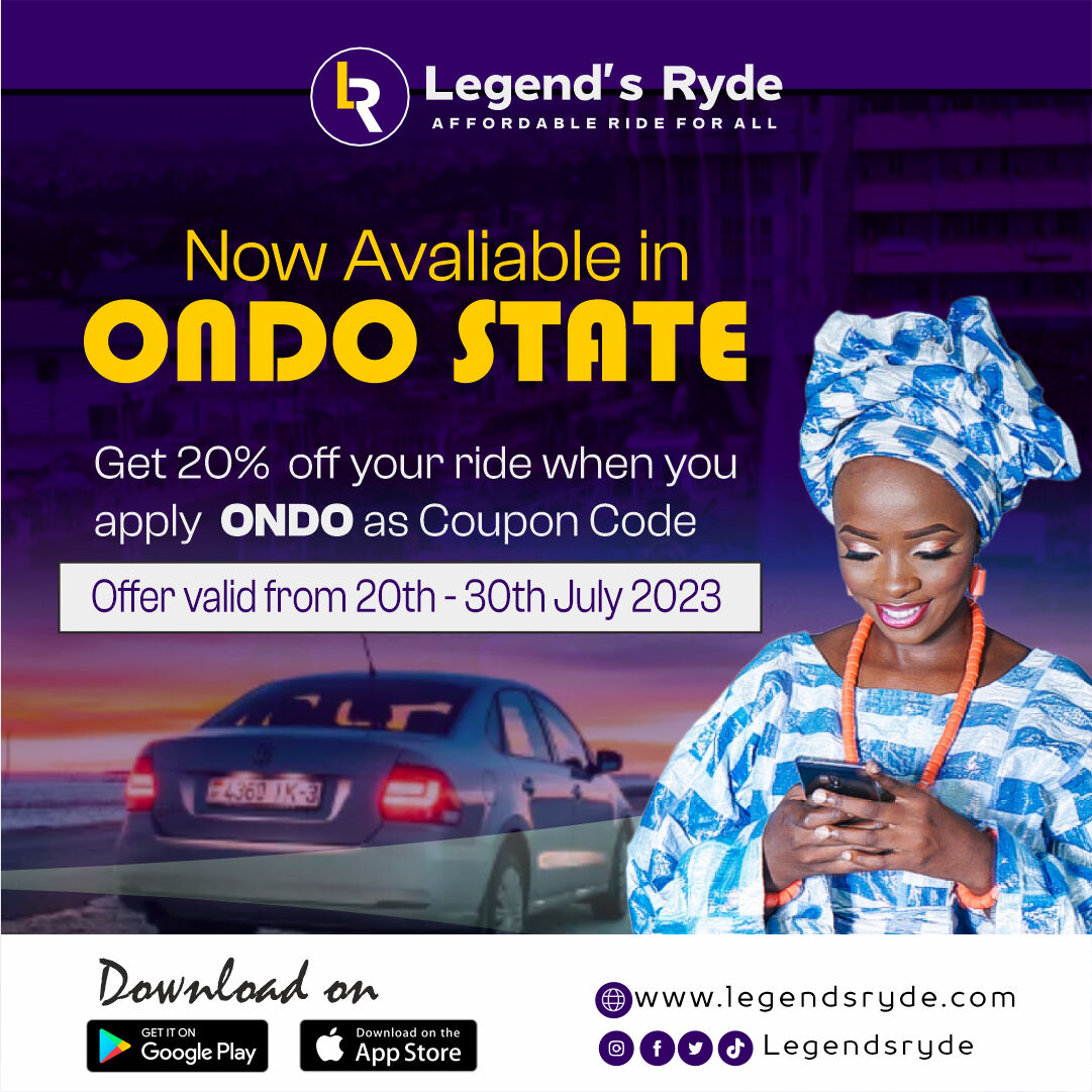 legendsryde's tweet photo. Move around Ondo with legendsryde and Enjoy 20% off your ride.
✓ Download the Legendsryde app 
✓ Request a ride
✓ Your ride will arrive in minutes 
✓ Enjoy the trip to your destination https://t.co/1jAk6lDFWv