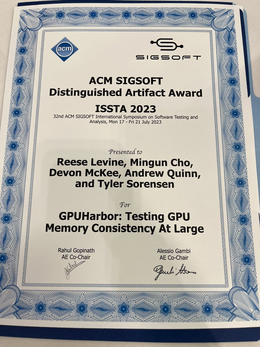 Come see the presentation of our paper, GPUHarbor, at <a href="/issta_conf/">ISSTA Conference</a>’s test optimizations session soon and see why it was awarded a distinguished artifact. Congrats to all my co-authors!

Paper: dl.acm.org/doi/abs/10.114…