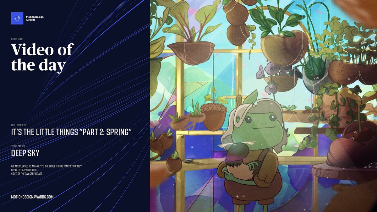 So honored that It's The Little Things "Part 2: Spring" was named Video of the Day by the Motion Design Awards 🐸

Check out the full short, including "Part 1: Winter" at: deepsky.tv/work/its-the-l…

#motiondesignawards #votd #animation #frog #cottagecore