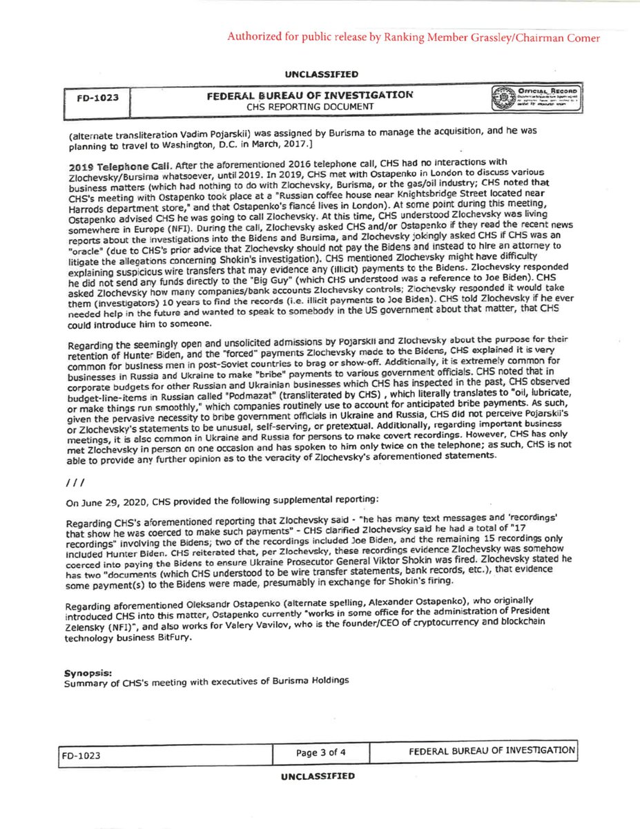 simonateba's tweet photo. BREAKING: Sen. Chuck Grassley (@ChuckGrassley)
has just released an FBI (FD-1023) form alleging @JoeBiden and Hunter Biden coerced Burisma CEO Mykola Zlochevsk into paying them $5,000,000 to remove Ukrainian prosecutor Viktor Shokin. Despite thinking Hunter was 'stupid' and his 'dog smarter,' Zlochevsk hired him.