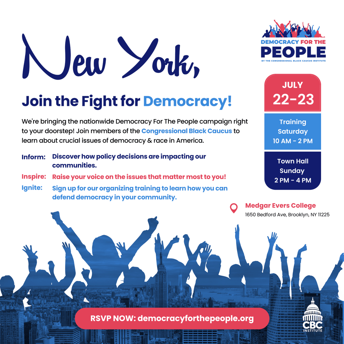 VoteYvette's tweet photo. 🗣️The @CBCInstitute's nationwide Democracy For The People tour is arriving in NYC this weekend! 

Join Yvette, @StevenHorsford, @hakeemjeffries, @RepGregoryMeeks &amp; other members of the @CBC at Medgar Evers College for this exciting 2-part event.

RSVP: https://t.co/XJ80UJsrsa https://t.co/NdMbNkMhKQ