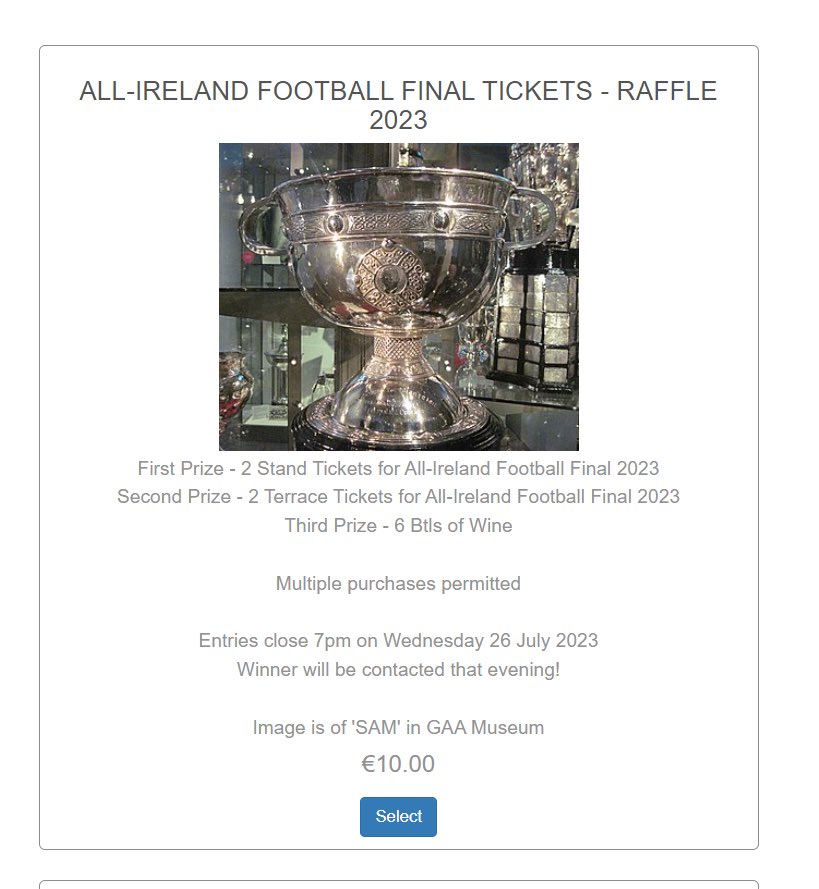gersgaa's tweet photo. Entries are open for the annual club raffle centered around the All-Ireland Football Final 🎟️

Top prize is 2x stand tickets while the second prize is for 2x terrace tickets. 

Link to buy raffle tickets🚨 https://t.co/8Miq09zdqM 

If you are not in, you can’t win #COYBIB👕 https://t.co/uTx3t0nCNK