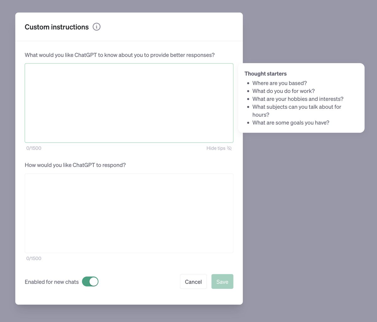 OfficialLoganK's tweet image. Starting today, you can set custom instructions in ChatGPT that will persist from conversation to conversation. 👀 📌
You can enable custom instructions in the beta panel from the settings.