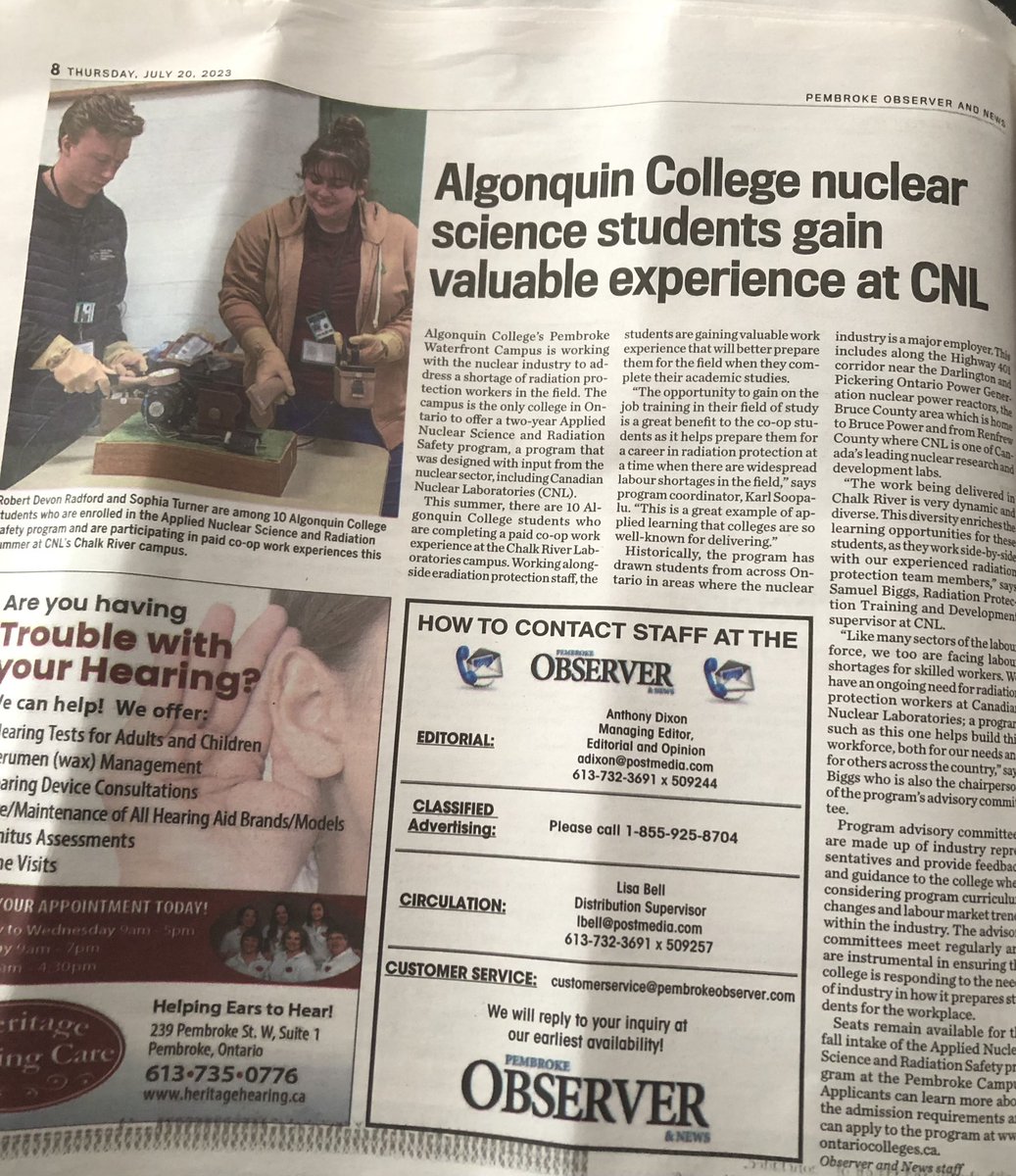 Summer reading. Thanks to the @PemObserver for sharing a student co-op success story for @AlgonquinPEM Applied Nuclear & Radiation Safety program-a feeder to @CNL_LNC labour force. @LMRenfrewLanark @ontariocolleges @AlgonquinCoop