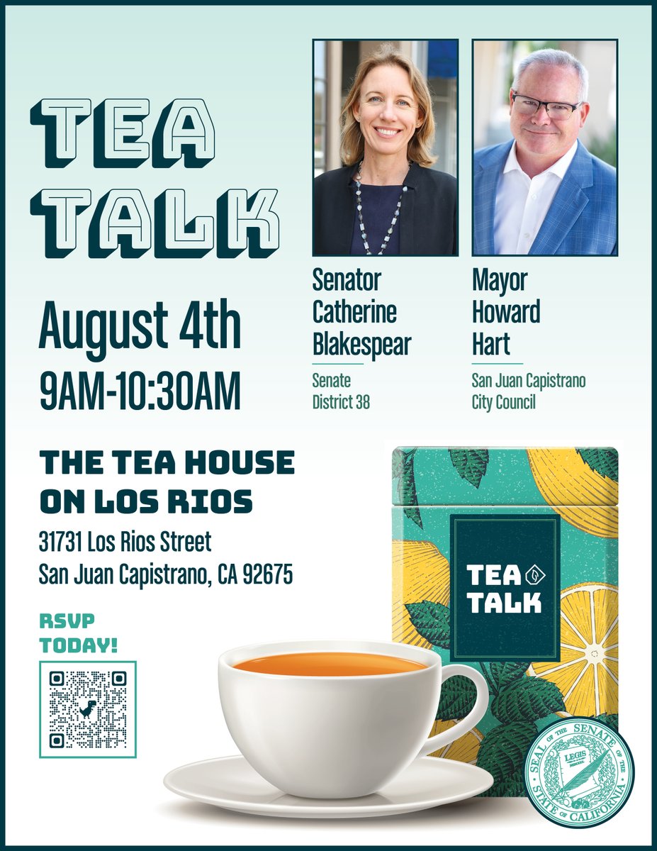 Join me and San Juan Capistrano Mayor Howard Hart at the Tea House on Los Rios to discuss important issues facing our community. Come learn how we can be of support with local and state agencies. 🍵#CommunityConversations #OrangeCounty