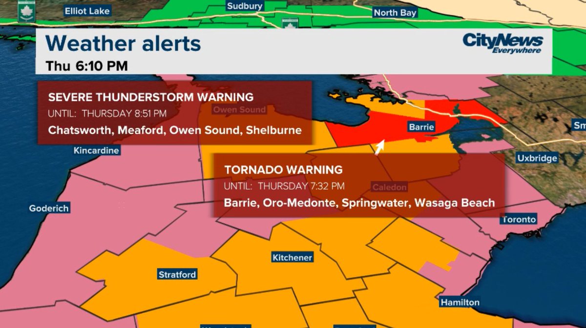 micheenelson's tweet photo. Tornado warnings have expanded to include Orillia - Lagoon City - Washago. Seek shelter immediately. #ONStorm @citynews680 https://t.co/JOPLmsqkkW