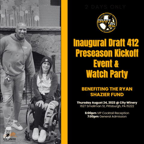 Join us at City Winery on Thursday, August 24th for live coverage of the Steelers Preseason game with our host Ryan Shazier, emcee Larry Richert, and Draft 412 Analysts. We still have sponsorships available. Register for the event here: loom.ly/iMsCn4M