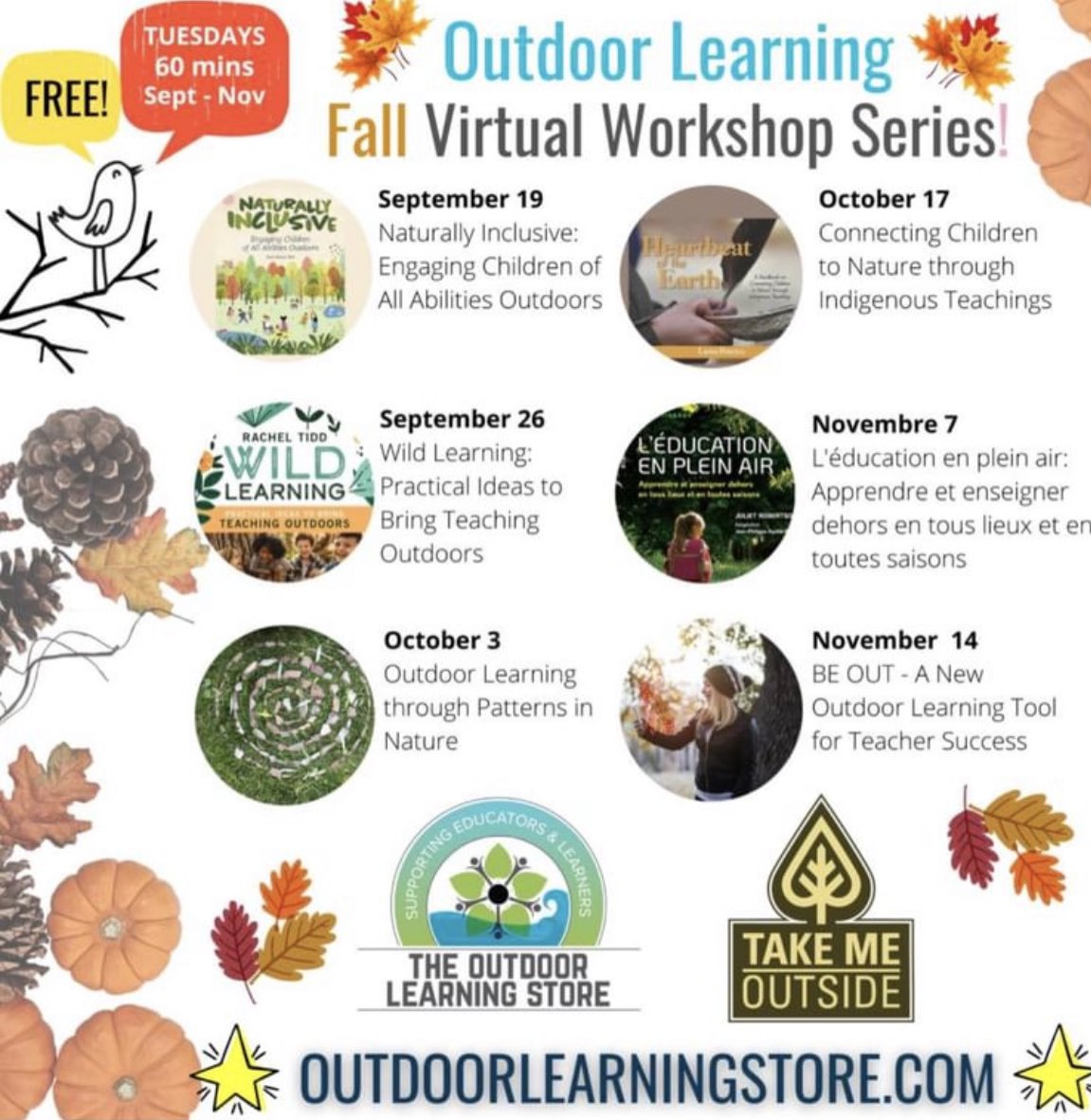 📣💥Exciting news! Our Fall Virtual Workshop Series line-up has dropped and you do not want to miss out!

Register now at: takemeoutside.ca/resource-direc…