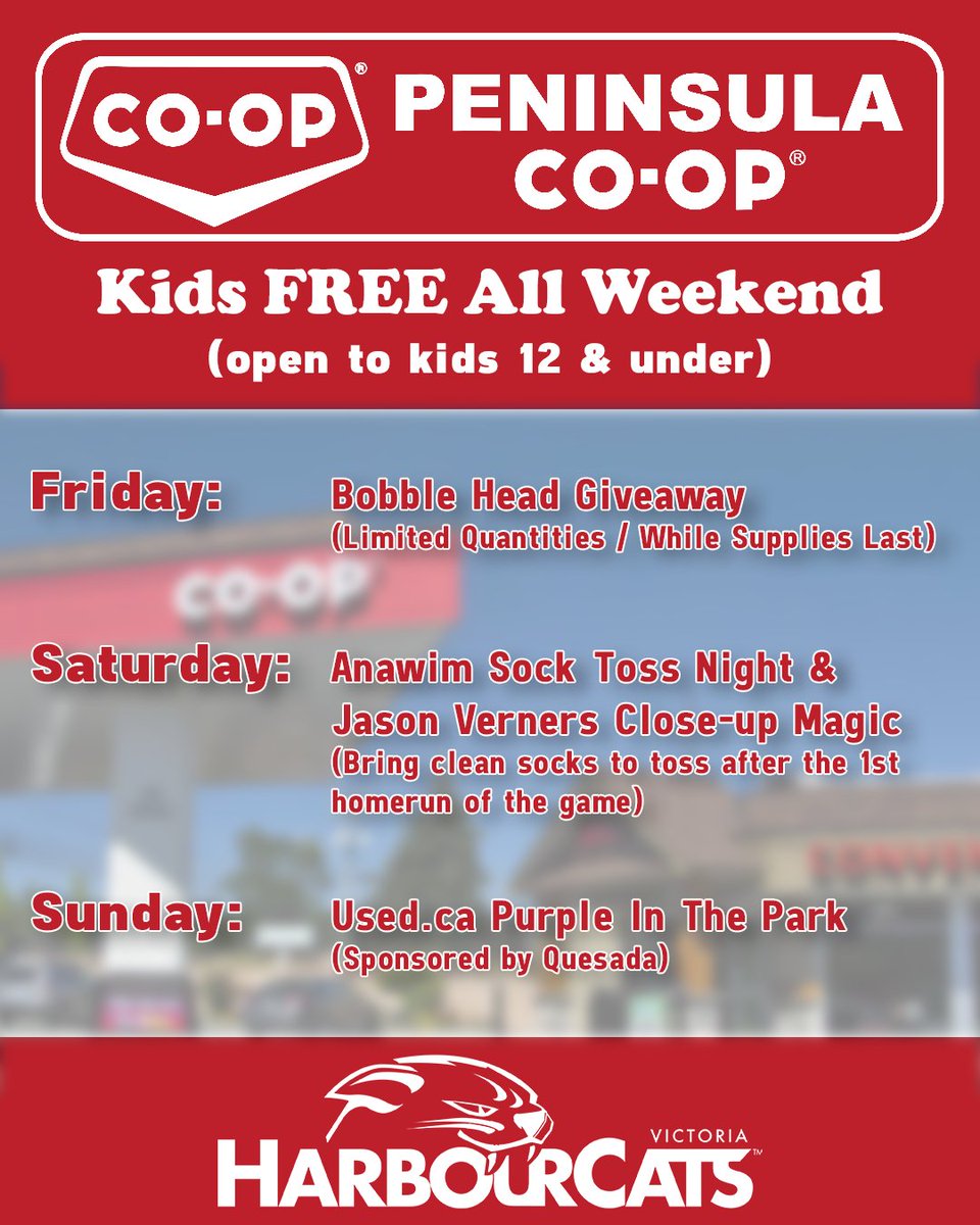 Our friends at <a href="/peninsulacoop/">Peninsula Co-op</a> work everyday to help their communities with affordable options for gas, groceries and now including Baseball!

Fri, Sat AND Sun kids under 12 get a FREE GA Ticket to the ballgame, and what a weekend for it!

#HarbourCats #Community #Baseball #YYJ
