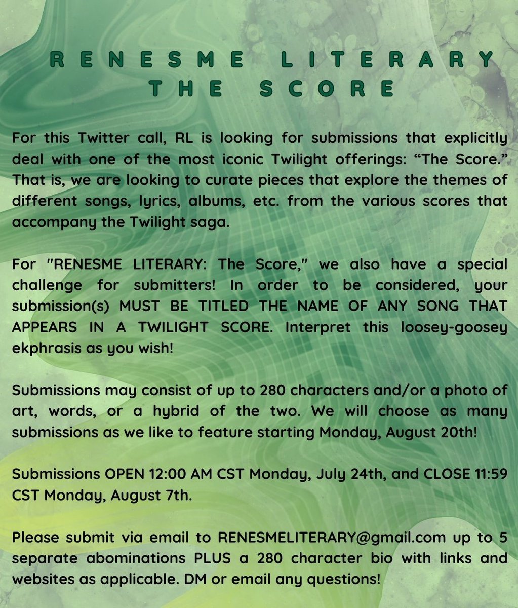 RenesmeLiterary's tweet image. RENESME LITERARY: The Score submission guidelines 💚🦕🎵
We open THIS COMING MONDAY, July 24th, so be ready to send your song-titled abominations for the next few weeks!!!
Who's excited????
