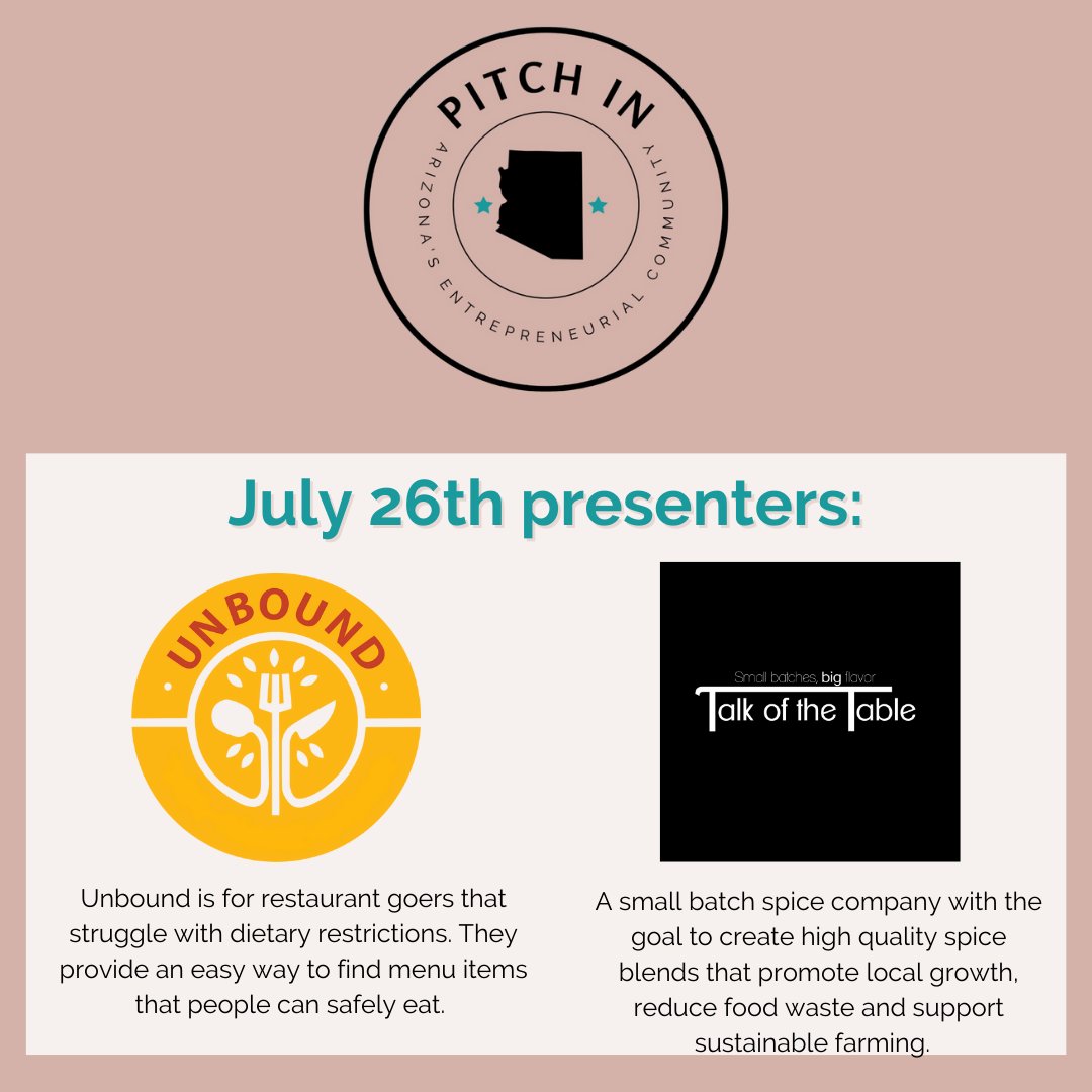PitchInAZ's tweet photo. Next Wednesday at Pitch In we've got two food-related ventures presenting. Joseph,  founder of Unbound and Diana, founder of Talk of the Table Spices. It's going to be a great event! Grab a friend and join the community in Peoria, in Mesa, or virtually. 🚀 https://t.co/sHgfwITw49 https://t.co/yMQ8TdzhZY