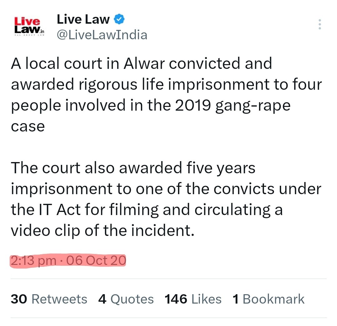zoo_bear's tweet photo. Update for Right Wing trolls like @Starboy2079 who are not aware : A special court in Rajasthan's Alwar district convicted and awarded rigorous life imprisonment to four men for the gangrape of a woman in 2019. The rigorous life imprisonment until natural death was awarded to Hansraj Gurjar, Ashok Gujar, Chhotelal Gurjar and Indraj Gurjar for gangrape by the special court that deals with cases under the SC/ST (Prevention of Atrocities) Act.
The court sentenced them to rigorous imprisonment till the time of natural death. Fifth culprit Mukesh Gurjar, who had circulated the video clip, was convicted under sections of IT and was awarded a maximum of five years imprisonment. 
Chief Minister @ashokgehlot51 welcomed the judgement saying it sets an example of how swift inquiry can lead to justice being delivered in a short span of time.