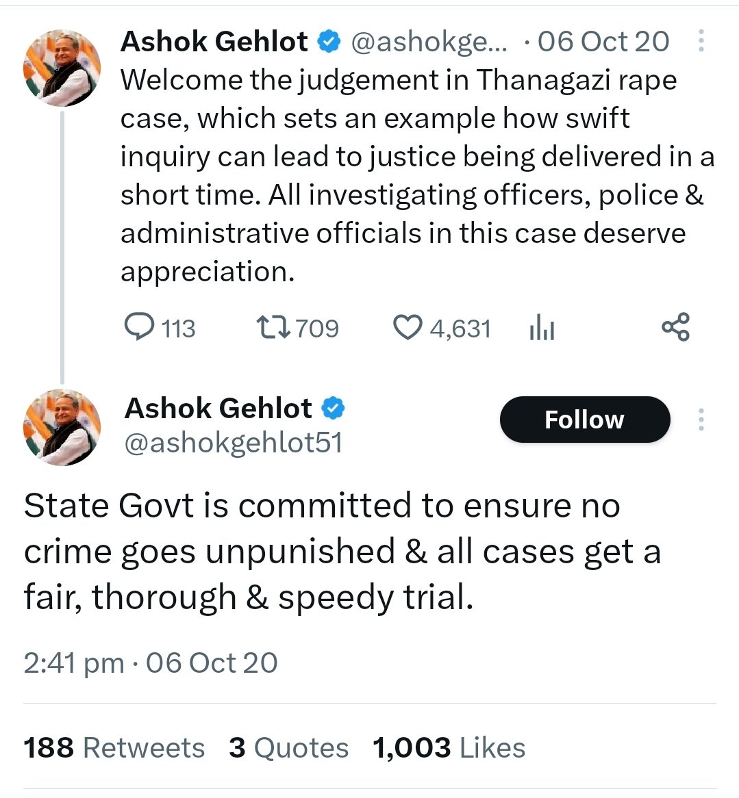 zoo_bear's tweet photo. Update for Right Wing trolls like @Starboy2079 who are not aware : A special court in Rajasthan's Alwar district convicted and awarded rigorous life imprisonment to four men for the gangrape of a woman in 2019. The rigorous life imprisonment until natural death was awarded to Hansraj Gurjar, Ashok Gujar, Chhotelal Gurjar and Indraj Gurjar for gangrape by the special court that deals with cases under the SC/ST (Prevention of Atrocities) Act.
The court sentenced them to rigorous imprisonment till the time of natural death. Fifth culprit Mukesh Gurjar, who had circulated the video clip, was convicted under sections of IT and was awarded a maximum of five years imprisonment. 
Chief Minister @ashokgehlot51 welcomed the judgement saying it sets an example of how swift inquiry can lead to justice being delivered in a short span of time.