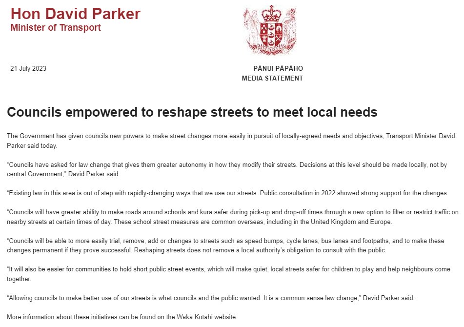 #NZPol #TransportNews The Government has given councils new powers to make street changes more easily in pursuit of locally-agreed needs and objectives.