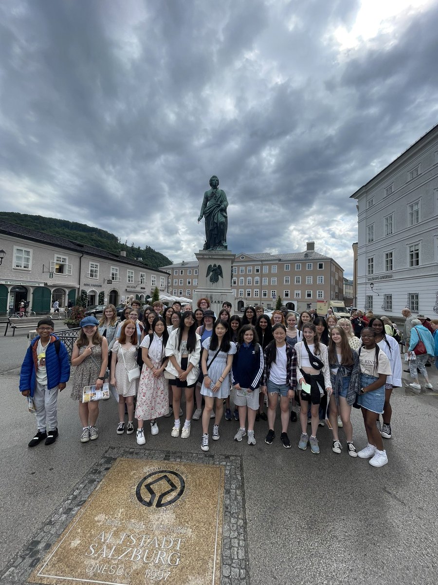 Today is Salzburg day. Sightseeing and performance in Andrekirche. Here we are before the statue of Mozart in Mozartplatz, and in front of Residencebrunnen! <a href="/LiverpoolBCS/">The Blue Coat School</a>